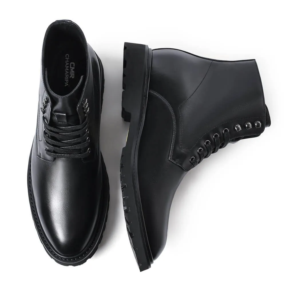 8 CM/3.15 Inches CMR CHAMARIPA Elevator Work Boots - Black Leather Height-Increasing Boots
