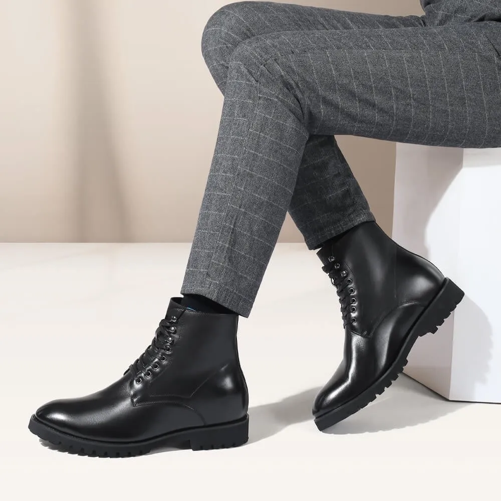 8 CM/3.15 Inches CMR CHAMARIPA Elevator Work Boots - Black Leather Height-Increasing Boots