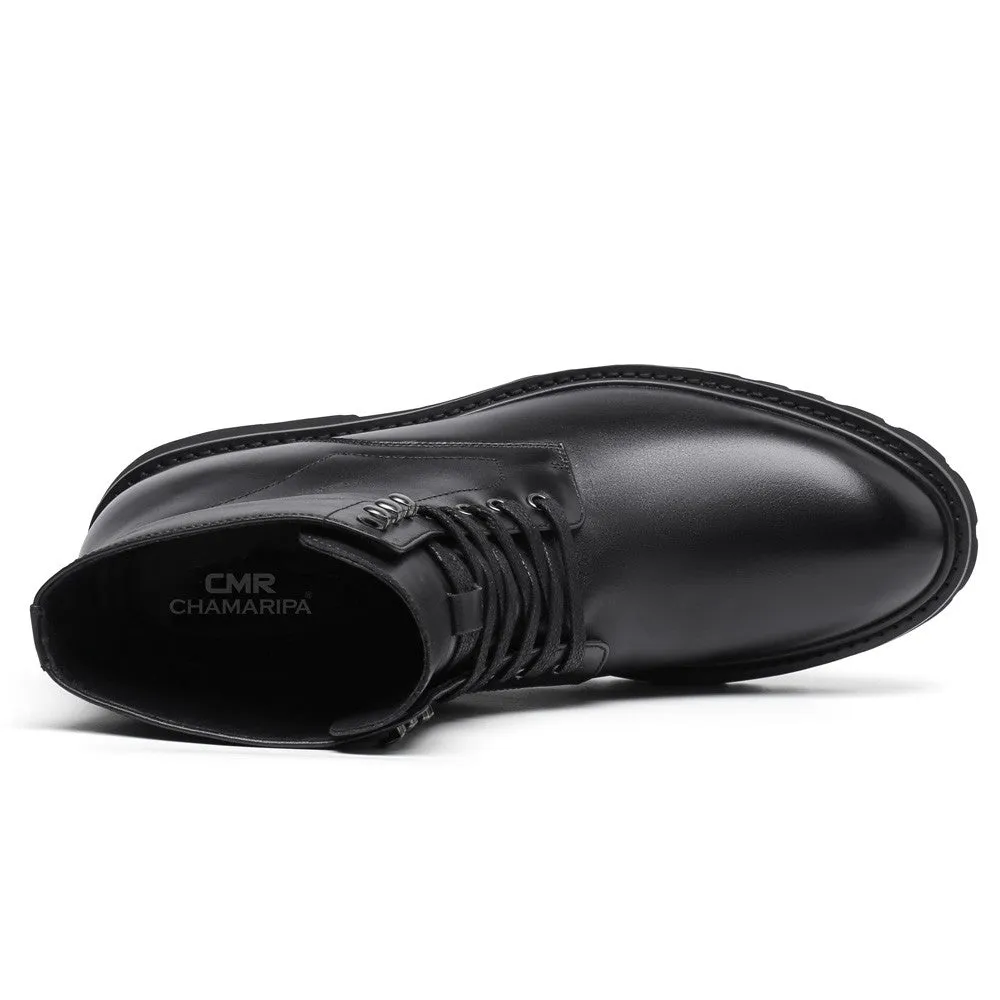 8 CM/3.15 Inches CMR CHAMARIPA Elevator Work Boots - Black Leather Height-Increasing Boots