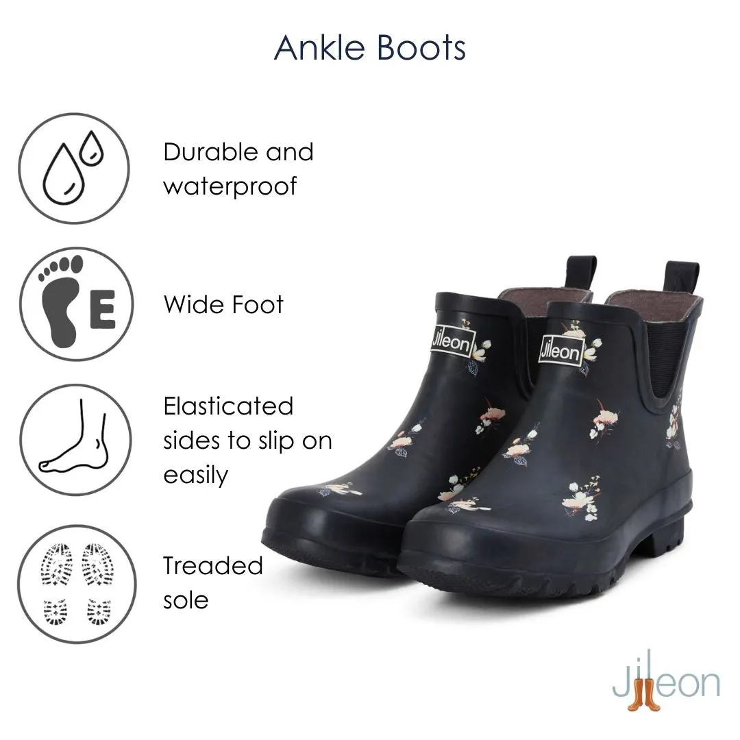 Ankle Height Rain Boots - Black Floral - Wide Foot - Easy to Slip On
