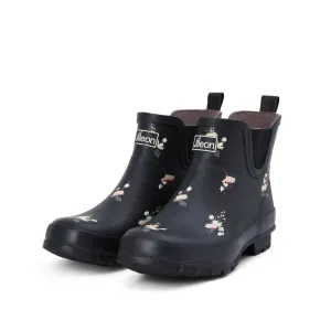 Ankle Height Rain Boots - Black Floral - Wide Foot - Easy to Slip On