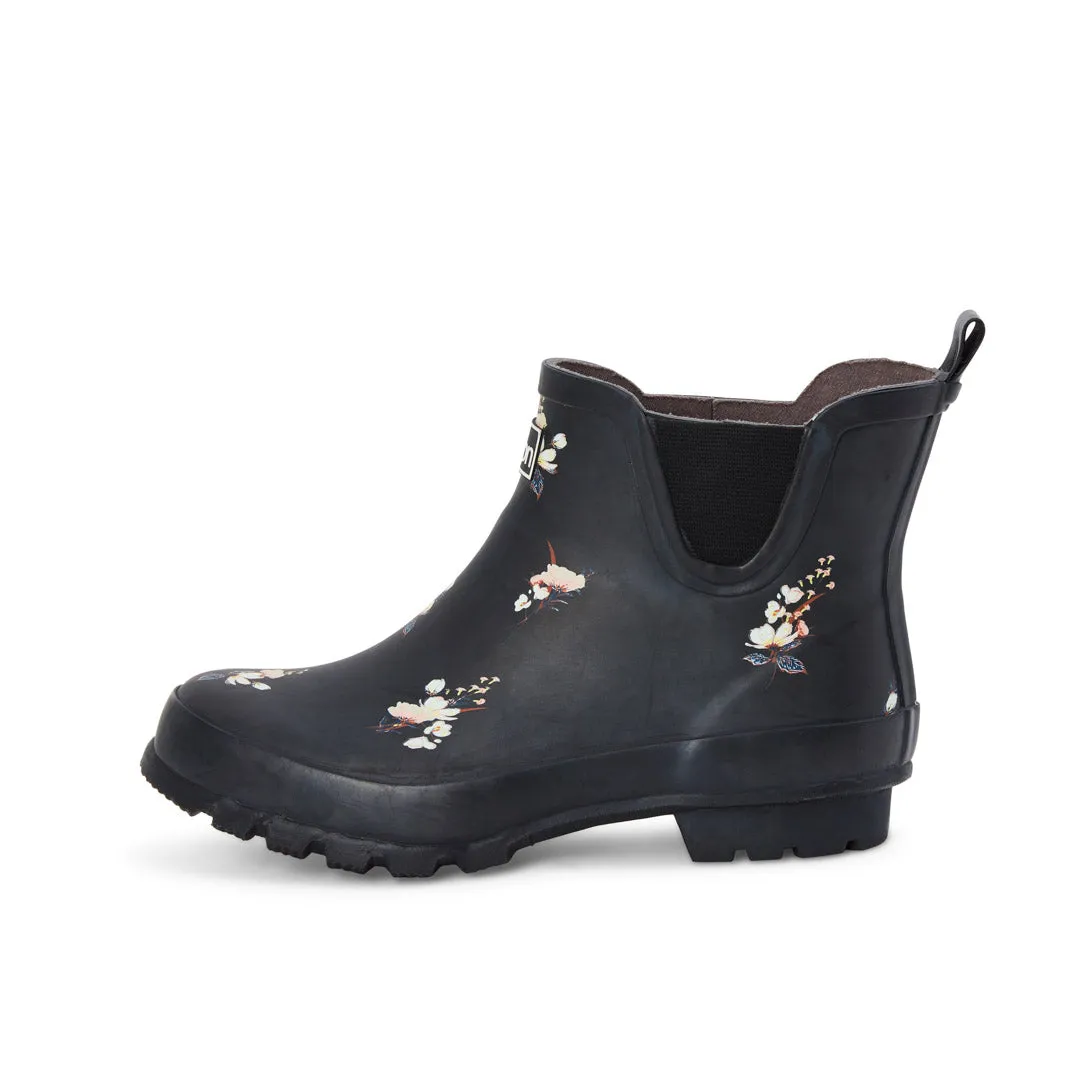 Ankle Height Rain Boots - Black Floral - Wide Foot - Easy to Slip On