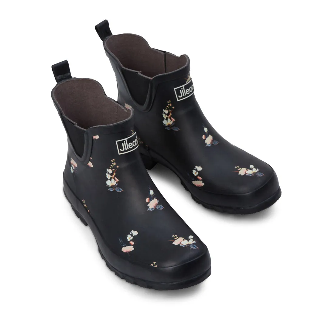 Ankle Height Rain Boots - Black Floral - Wide Foot - Easy to Slip On