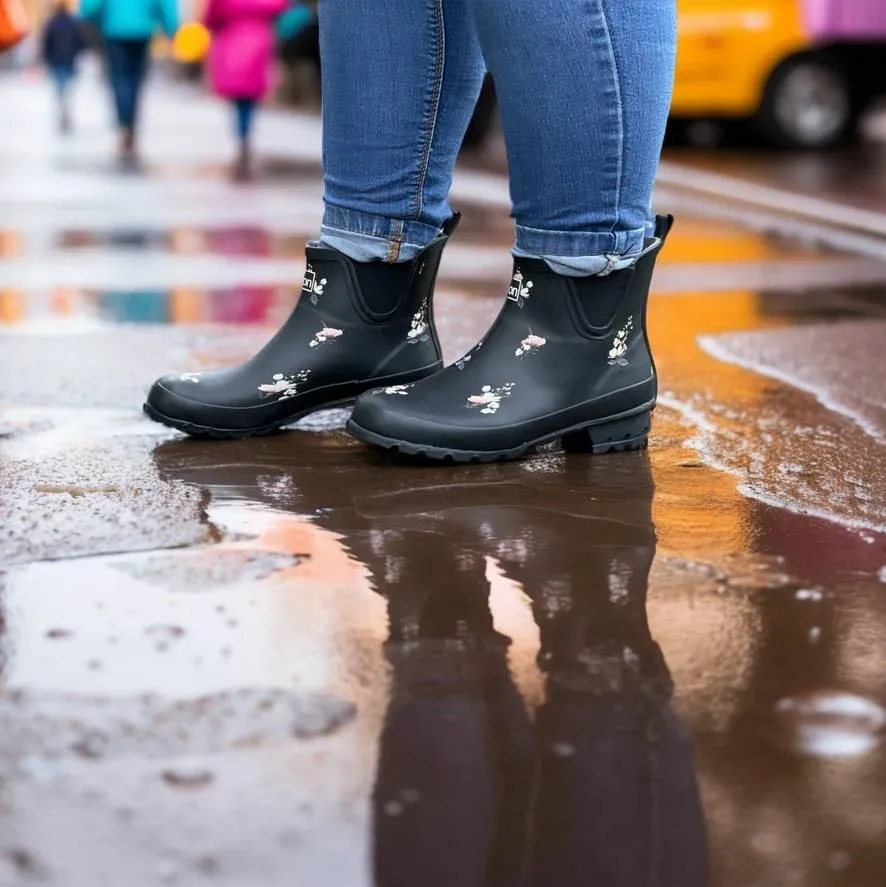 Ankle Height Rain Boots - Black Floral - Wide Foot - Easy to Slip On