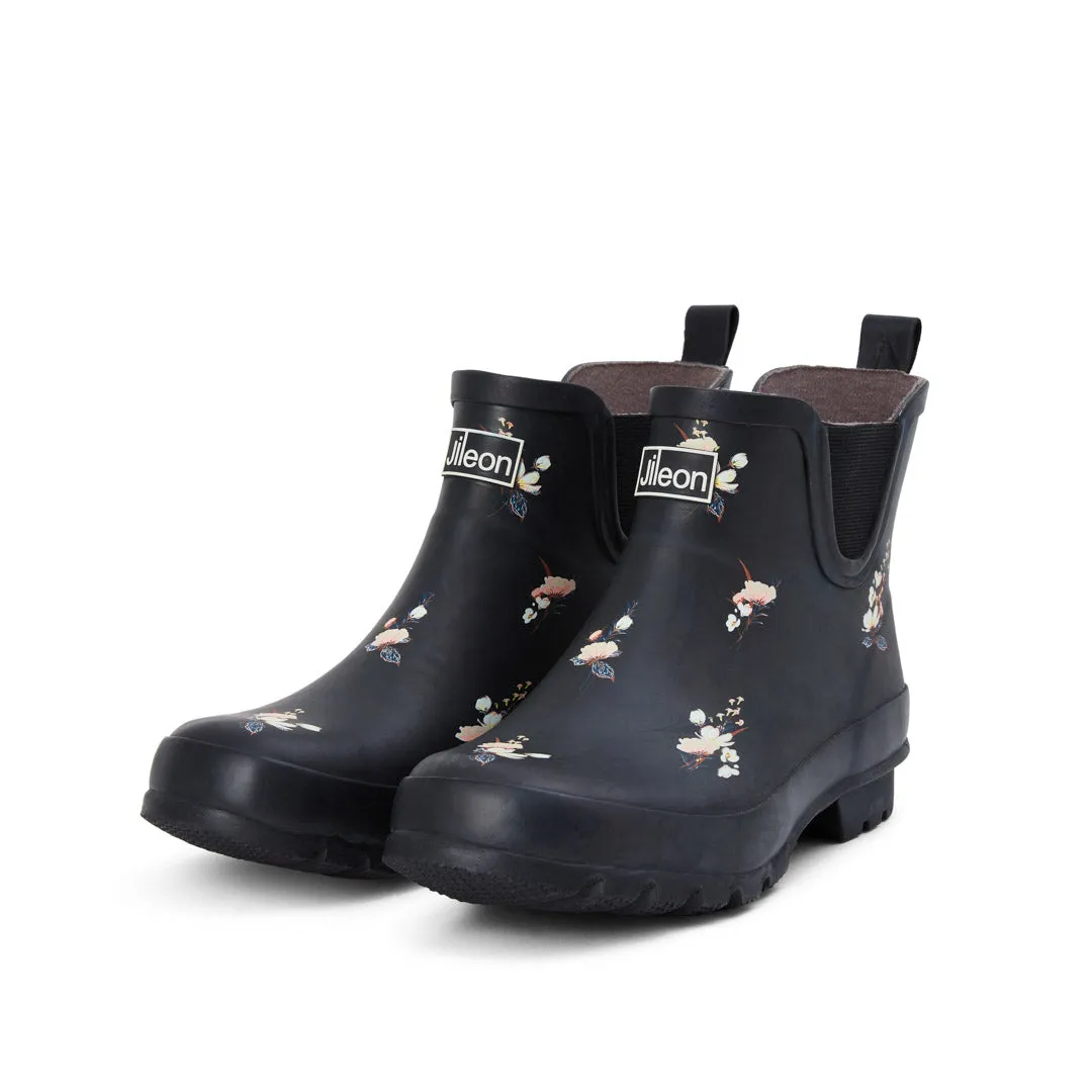 Ankle Height Rain Boots - Black Floral - Wide Foot - Easy to Slip On