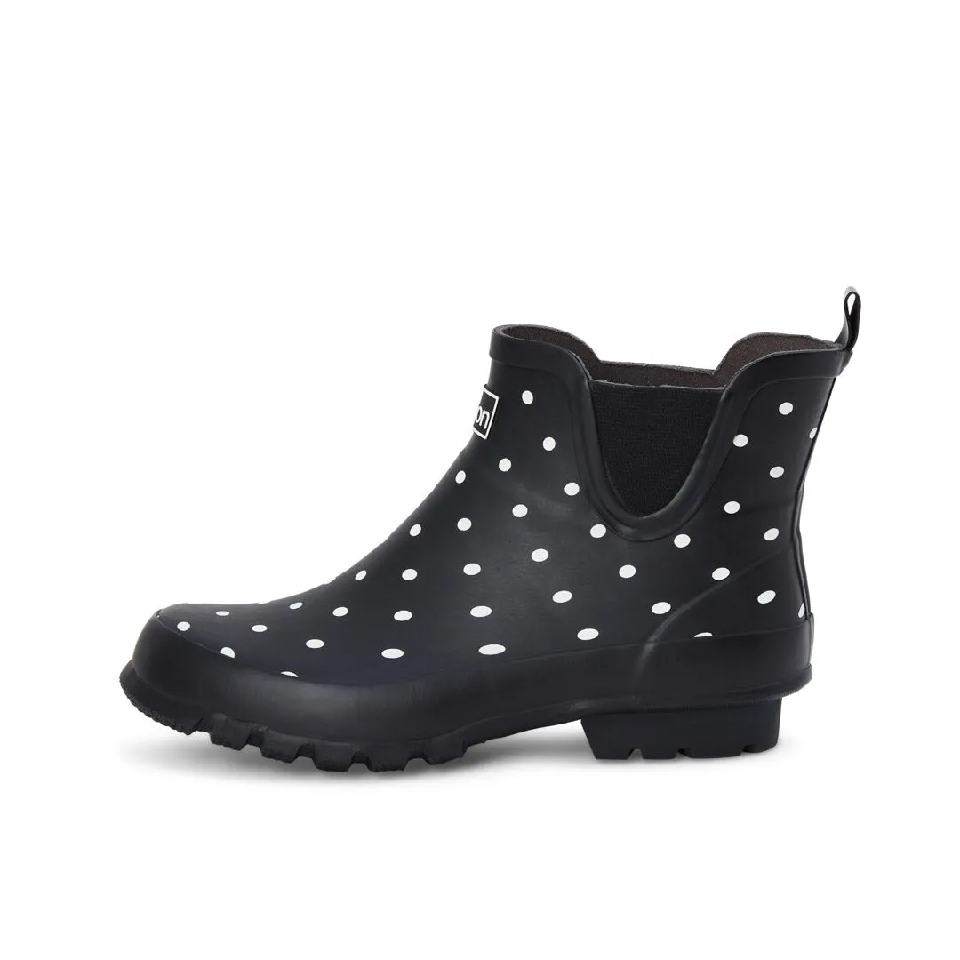 Ankle Height Rain Boots - Black with White Spots - Wide Foot - Easy to Slip On