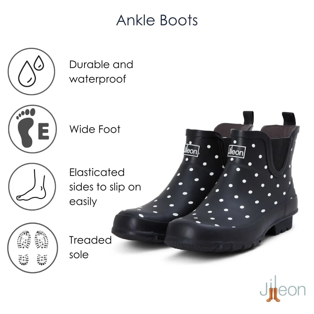 Ankle Height Rain Boots - Black with White Spots - Wide Foot - Easy to Slip On