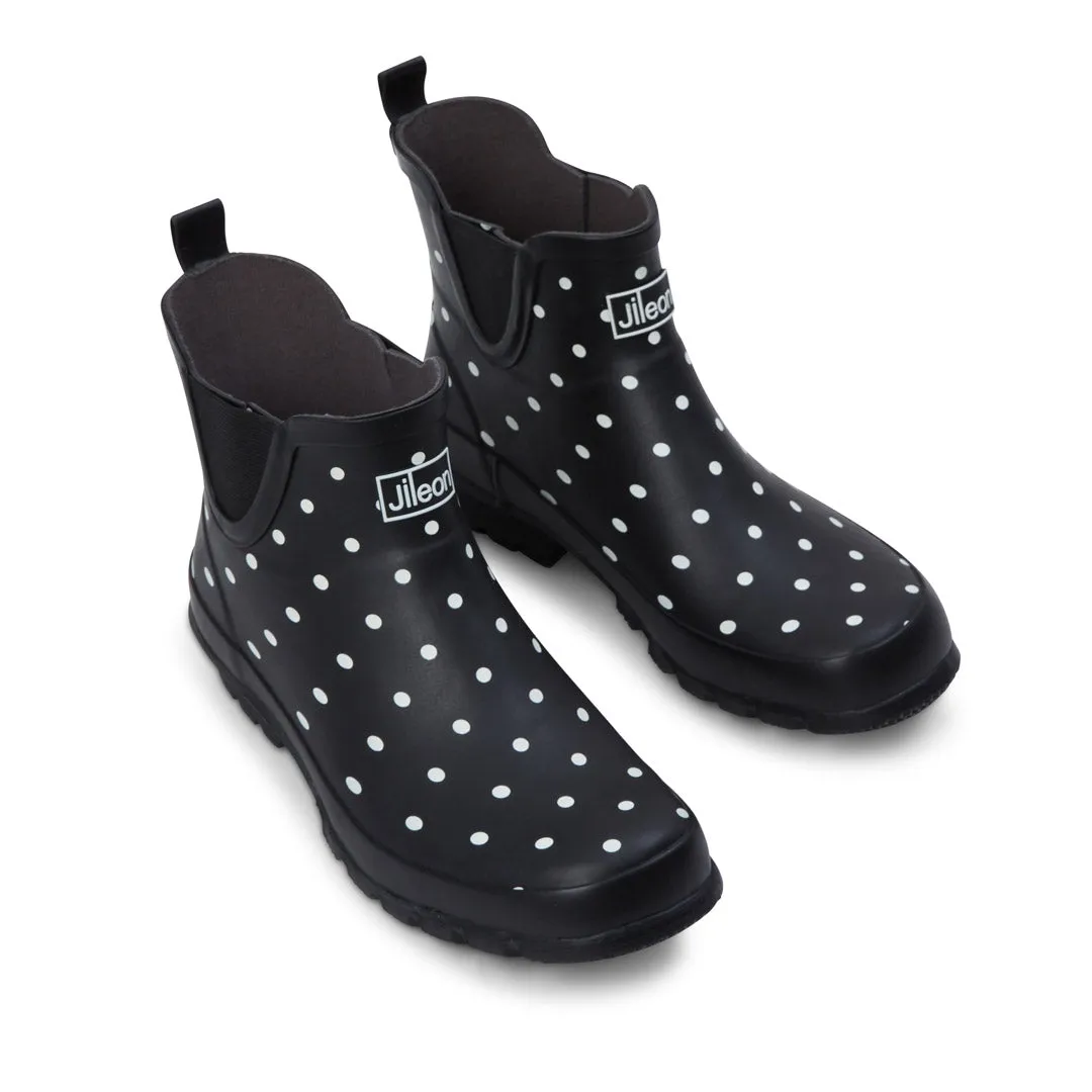 Ankle Height Rain Boots - Black with White Spots - Wide Foot - Easy to Slip On