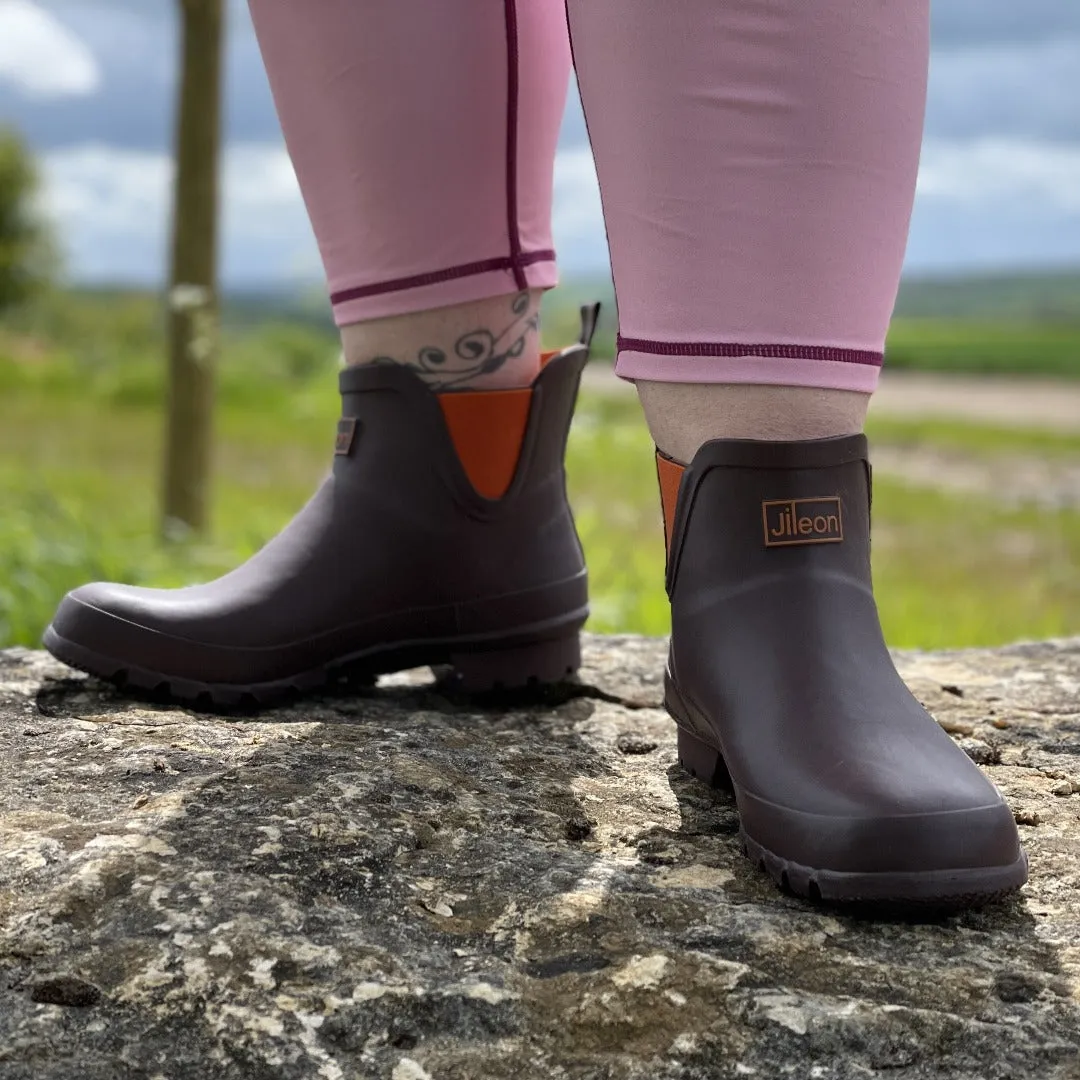 Ankle Height Rain Boots - Chocolate with Orange Trim - Wide Foot - Easy to Slip On