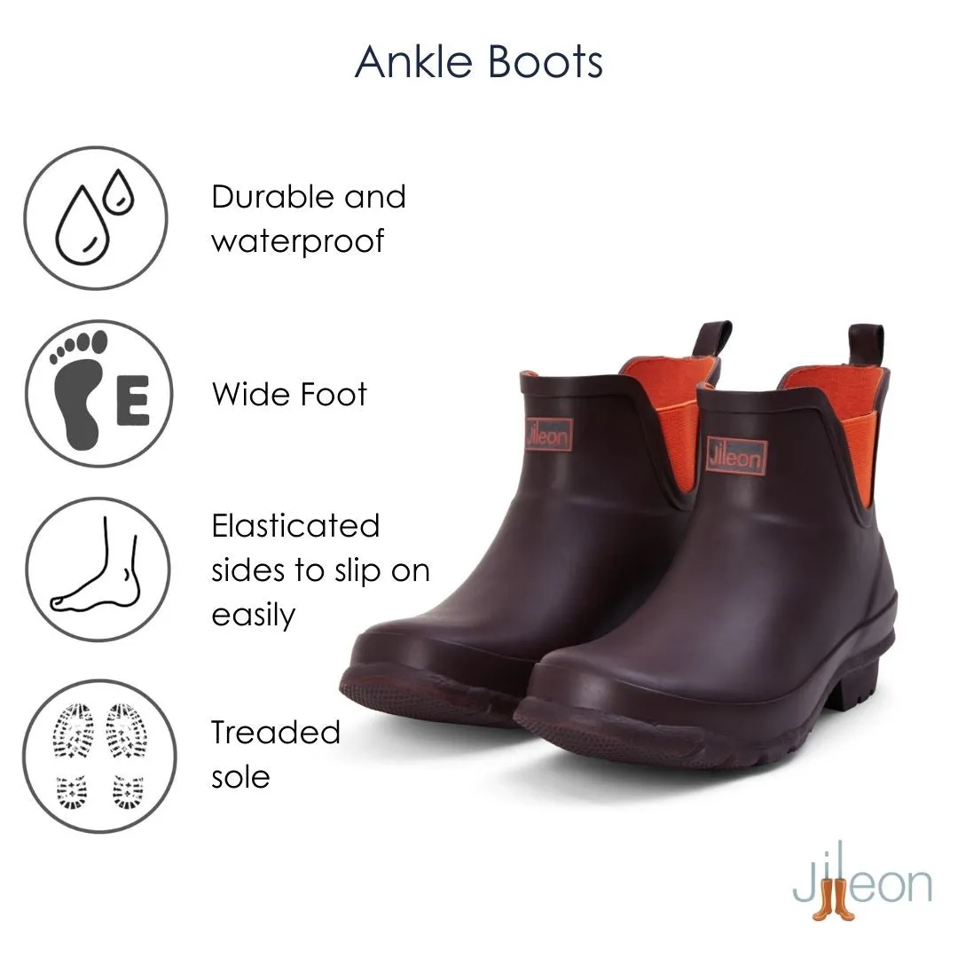 Ankle Height Rain Boots - Chocolate with Orange Trim - Wide Foot - Easy to Slip On