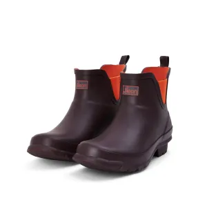 Ankle Height Rain Boots - Chocolate with Orange Trim - Wide Foot - Easy to Slip On