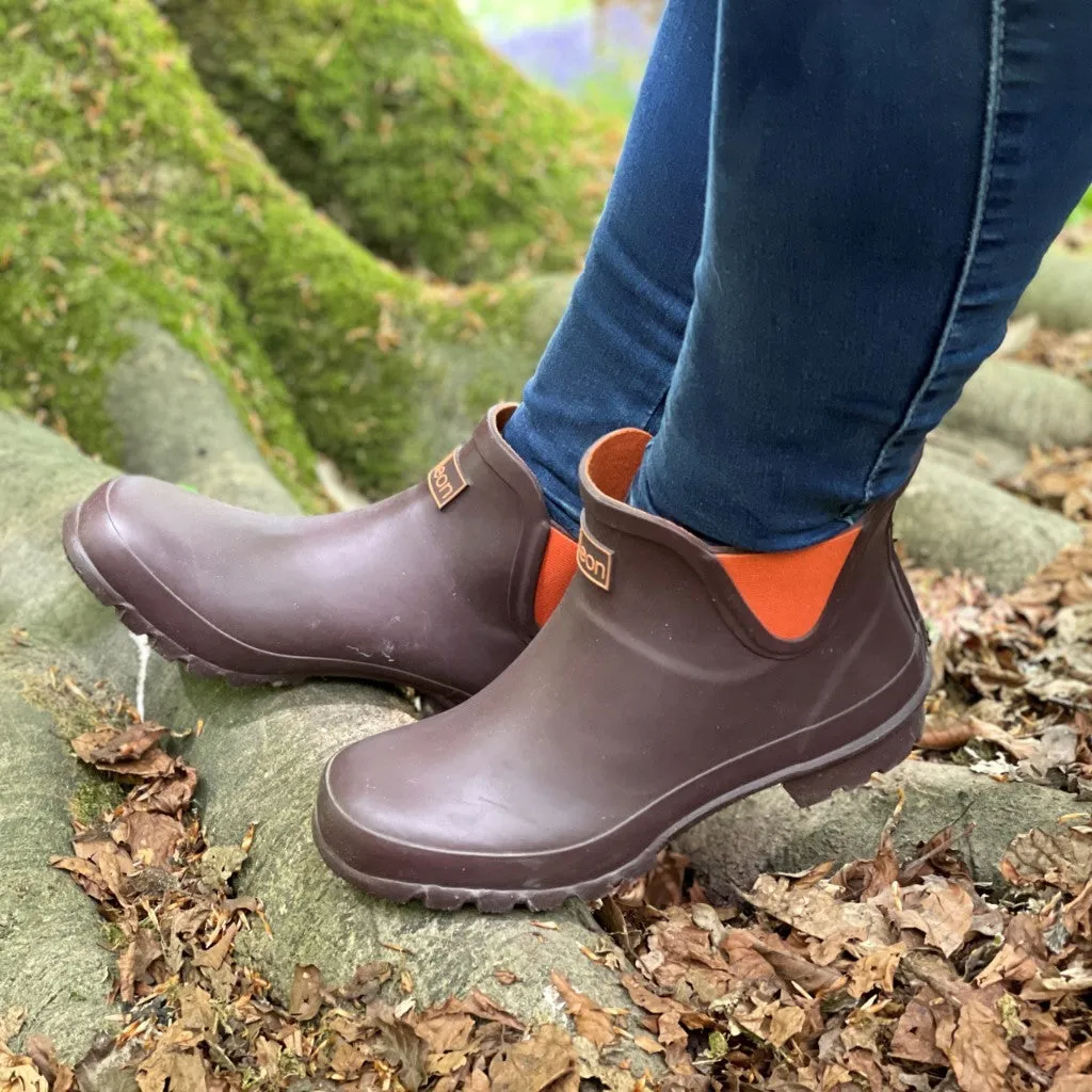 Ankle Height Rain Boots - Chocolate with Orange Trim - Wide Foot - Easy to Slip On
