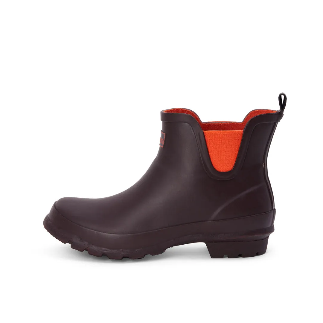 Ankle Height Rain Boots - Chocolate with Orange Trim - Wide Foot - Easy to Slip On