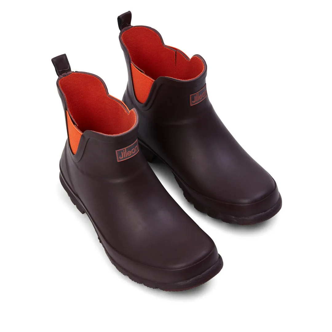 Ankle Height Rain Boots - Chocolate with Orange Trim - Wide Foot - Easy to Slip On