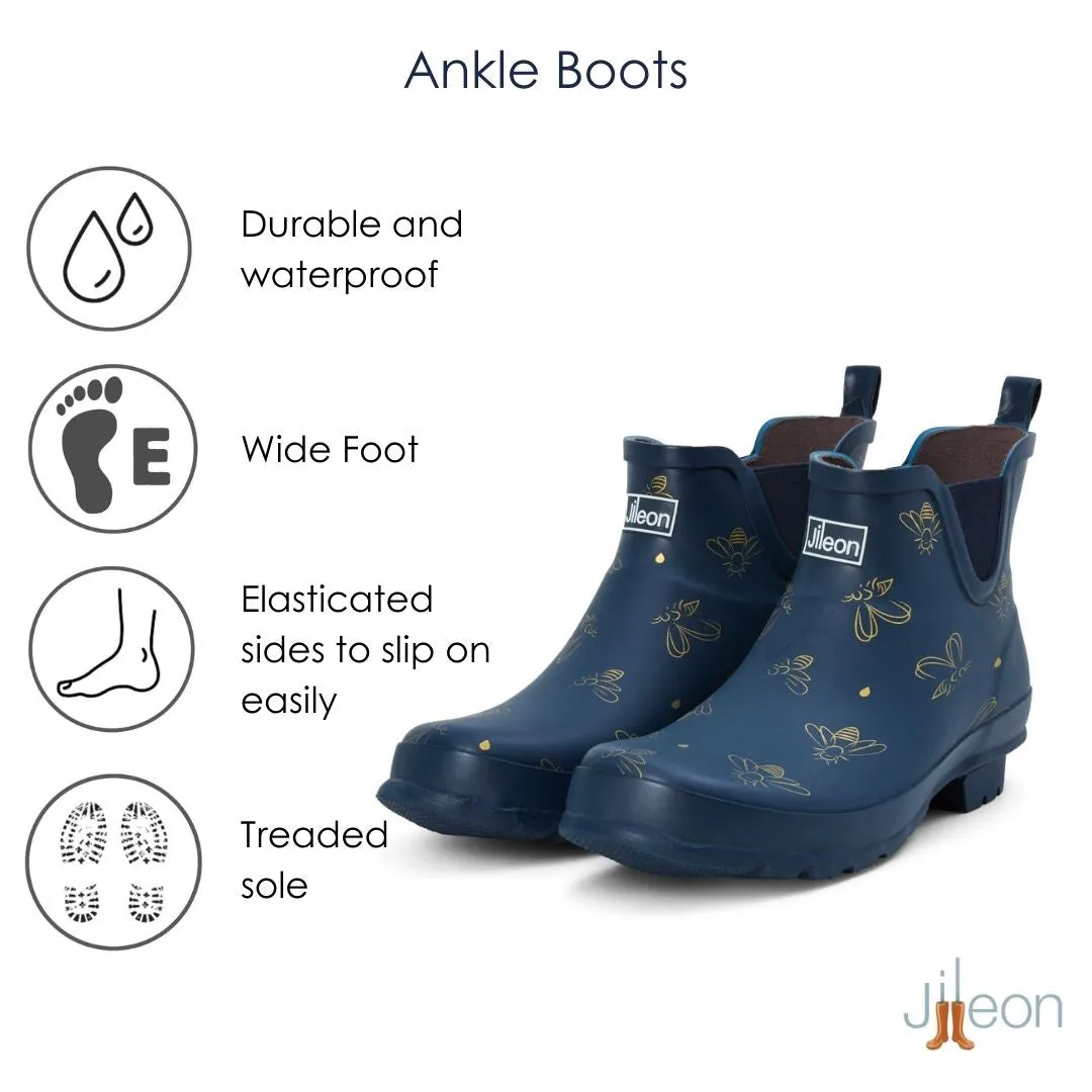 Ankle Height Rain Boots - Navy with Bumble Bees - Wide Foot - Easy to Slip On