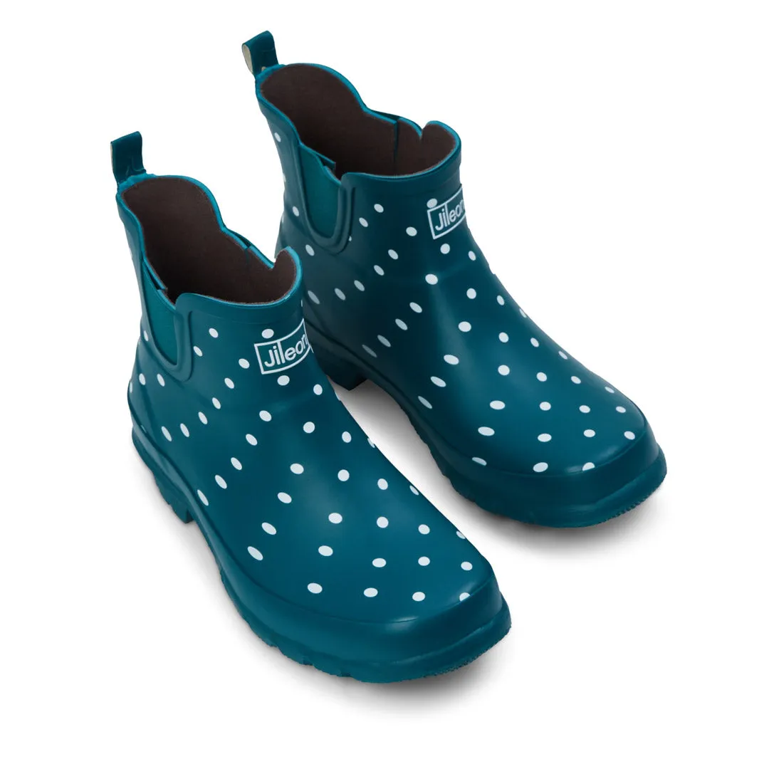 Ankle Height Rain Boots - Teal with White Spots - Wide Foot - Easy to Slip On