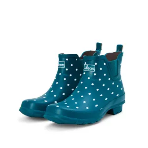 Ankle Height Rain Boots - Teal with White Spots - Wide Foot - Easy to Slip On