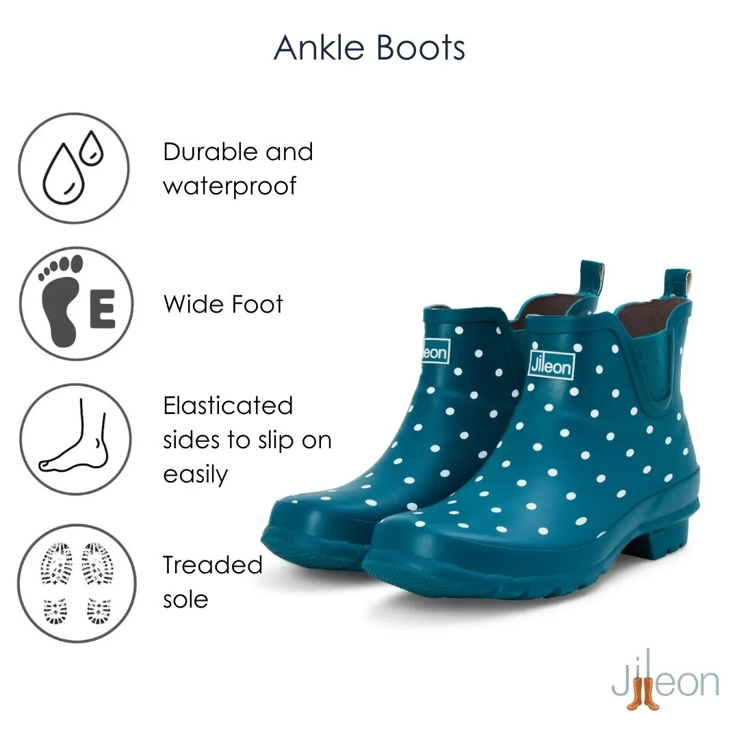 Ankle Height Rain Boots - Teal with White Spots - Wide Foot - Easy to Slip On