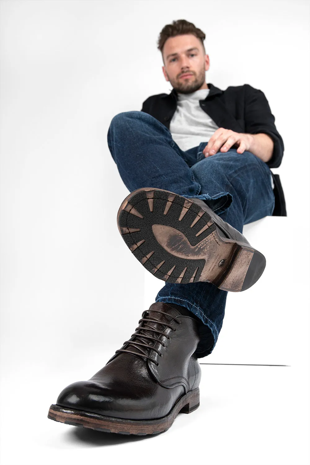ASTON cigar-brown high chukka boots.