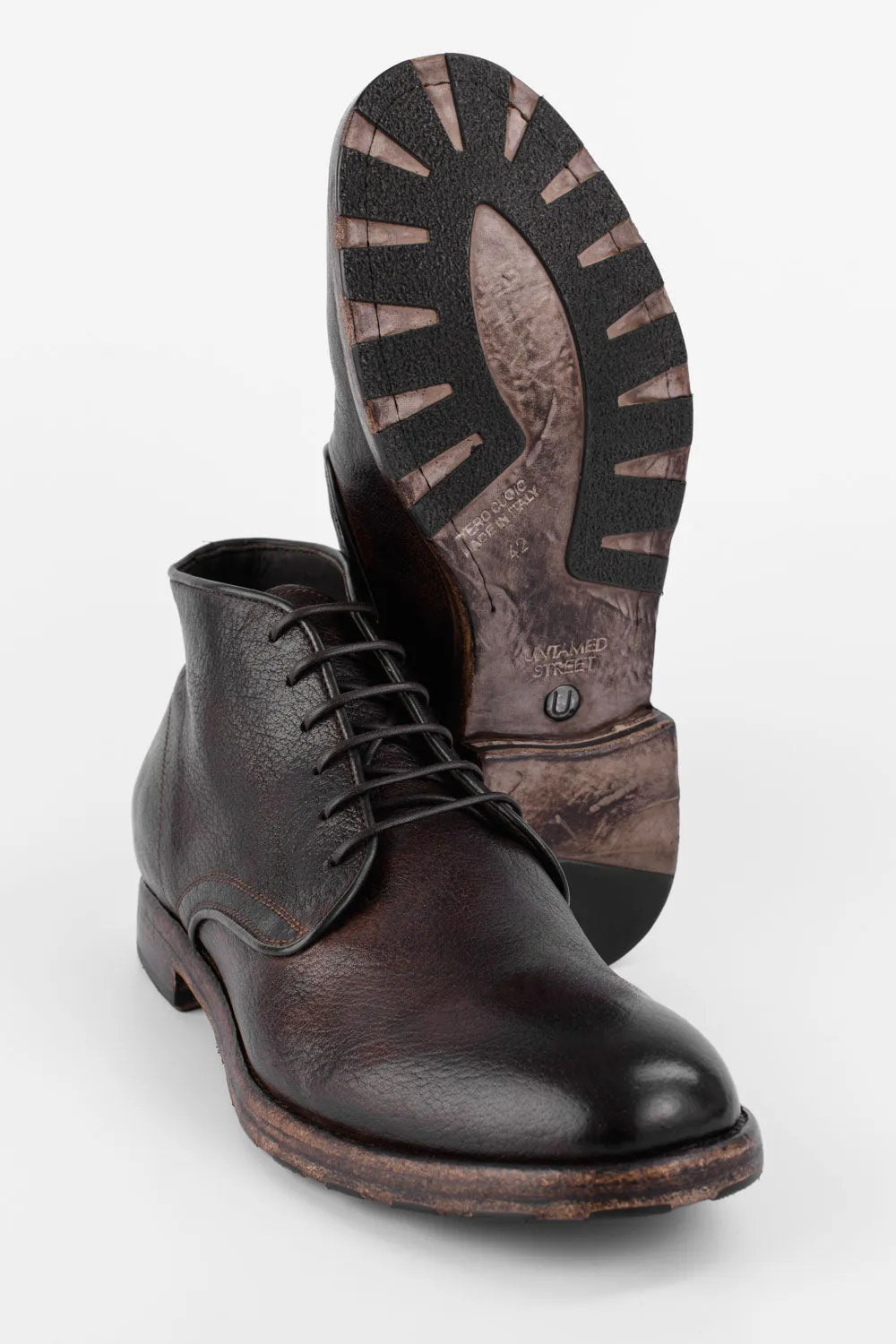 ASTON cigar-brown high chukka boots.
