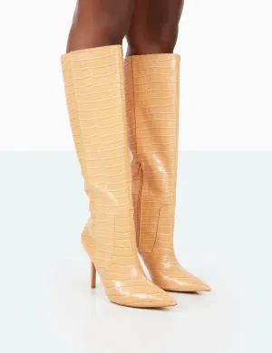 Best Believe Caramel Croc Pointed Toe Heeled Knee High Boots