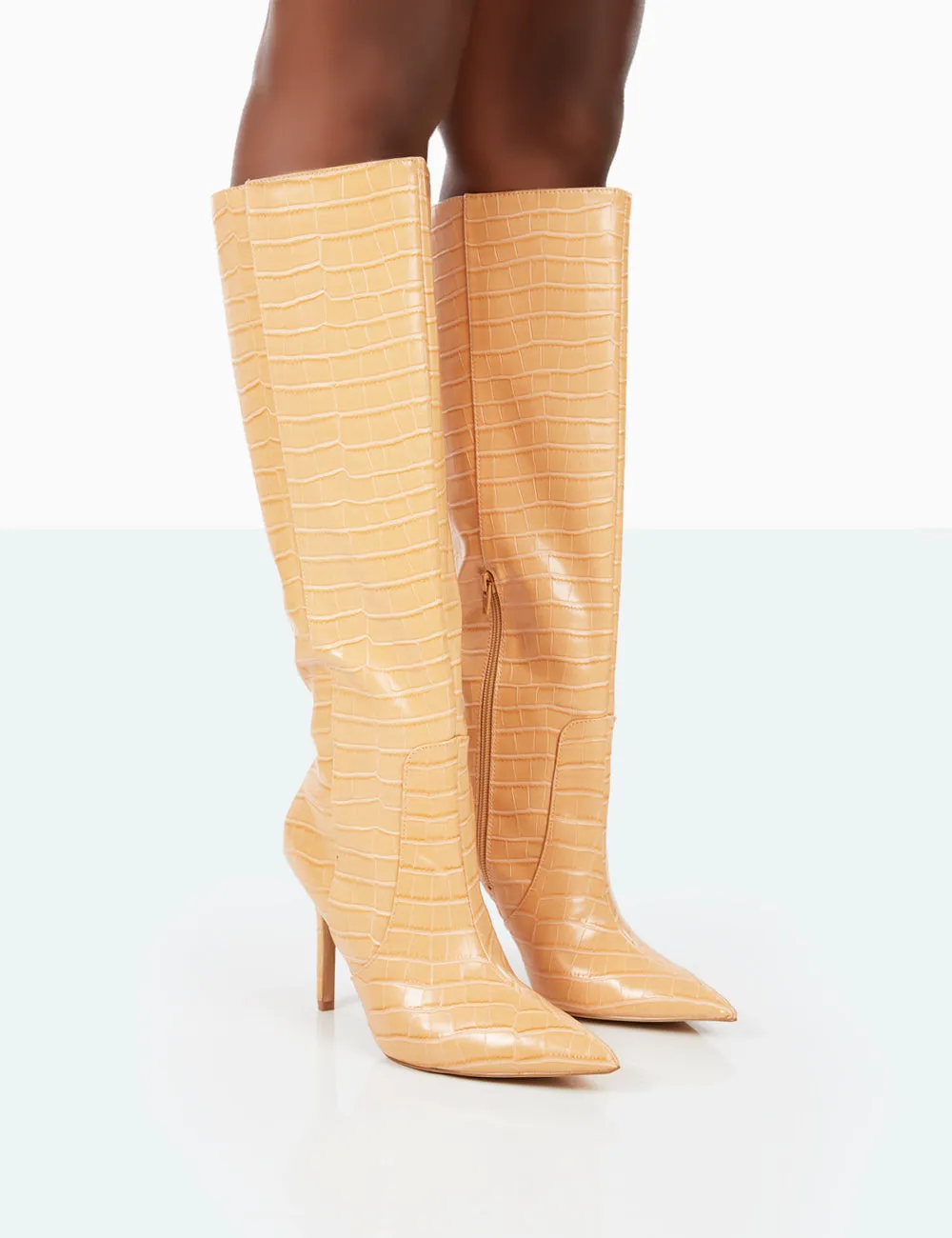 Best Believe Caramel Croc Pointed Toe Heeled Knee High Boots