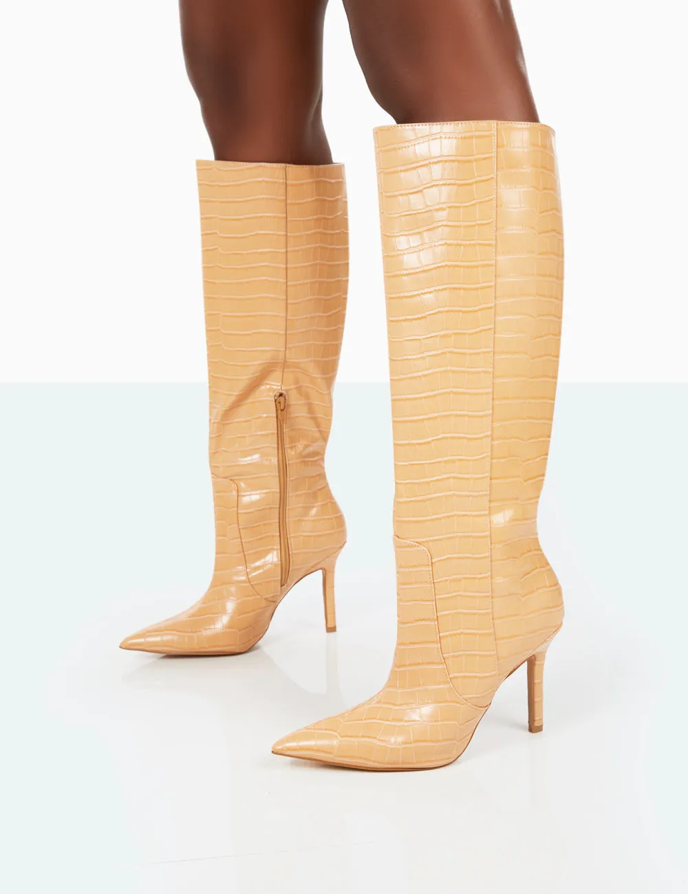 Best Believe Caramel Croc Pointed Toe Heeled Knee High Boots
