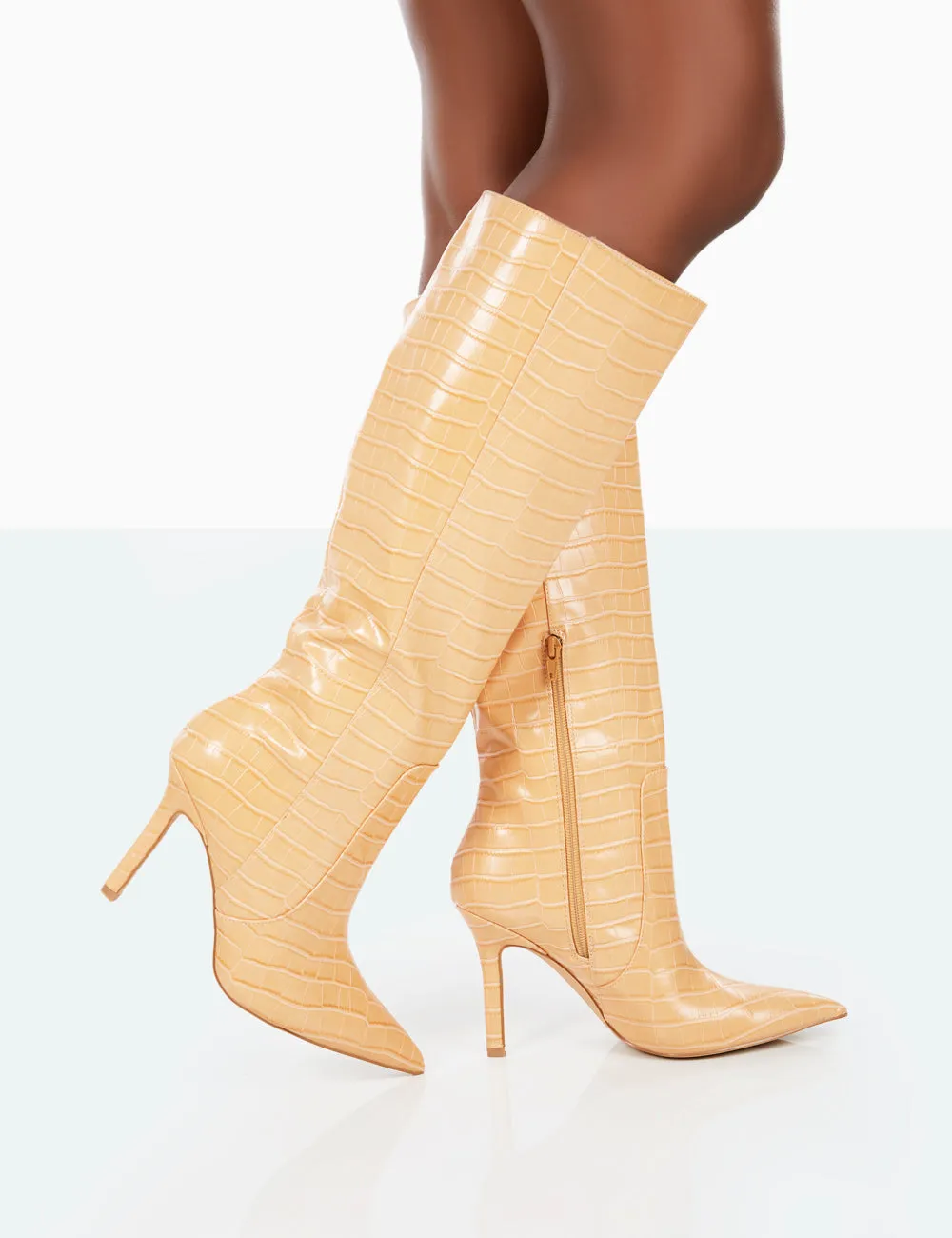 Best Believe Caramel Croc Pointed Toe Heeled Knee High Boots