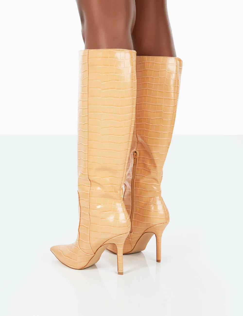 Best Believe Caramel Croc Pointed Toe Heeled Knee High Boots