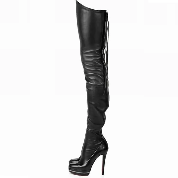 Black Platform Leather Thigh High Zipper Boots