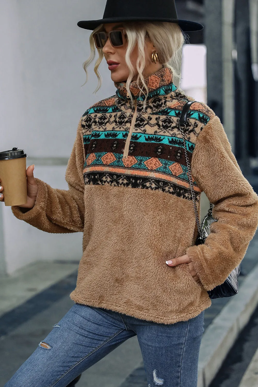 Burgundy Printed Stand Collar Pull Over Fleece Tops