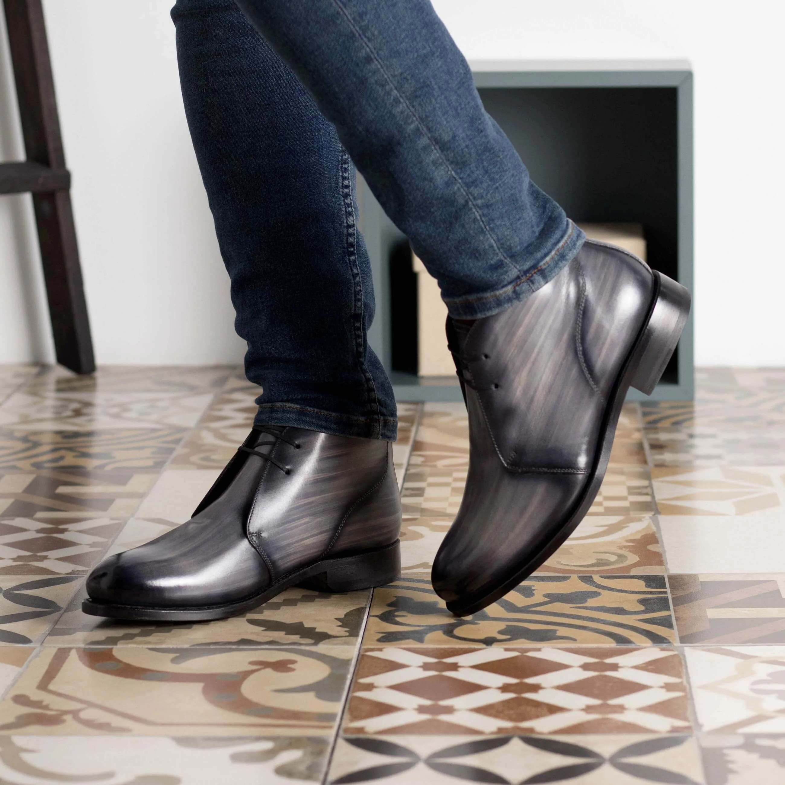 Custom Handmade Grey Patina Leather Chukka Boots - Goodyear Welted Sole.
