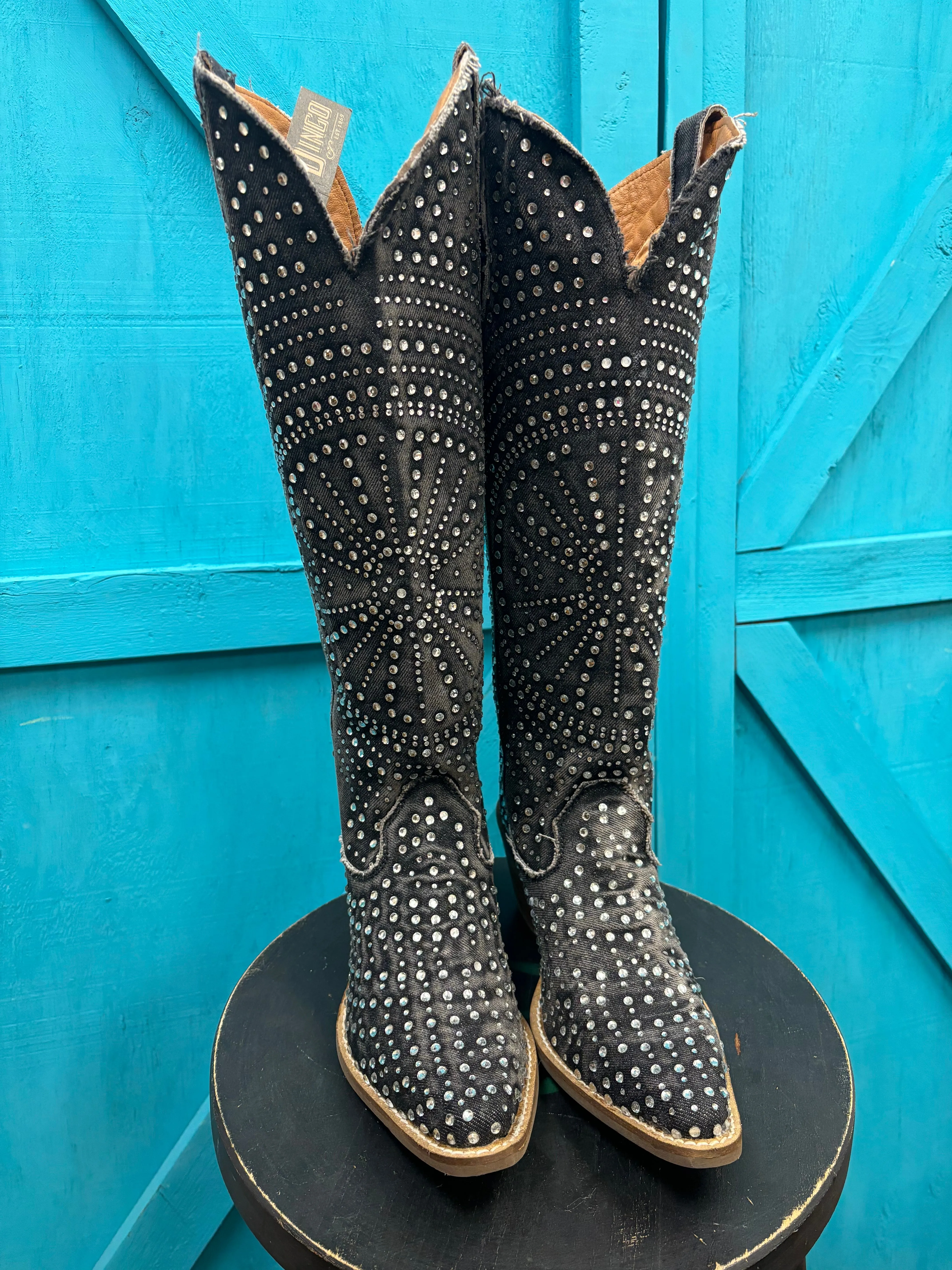 Dingo Women's Black Honkytonk Honey Denim Snip Toe Tall Cowgirl Boots DI162