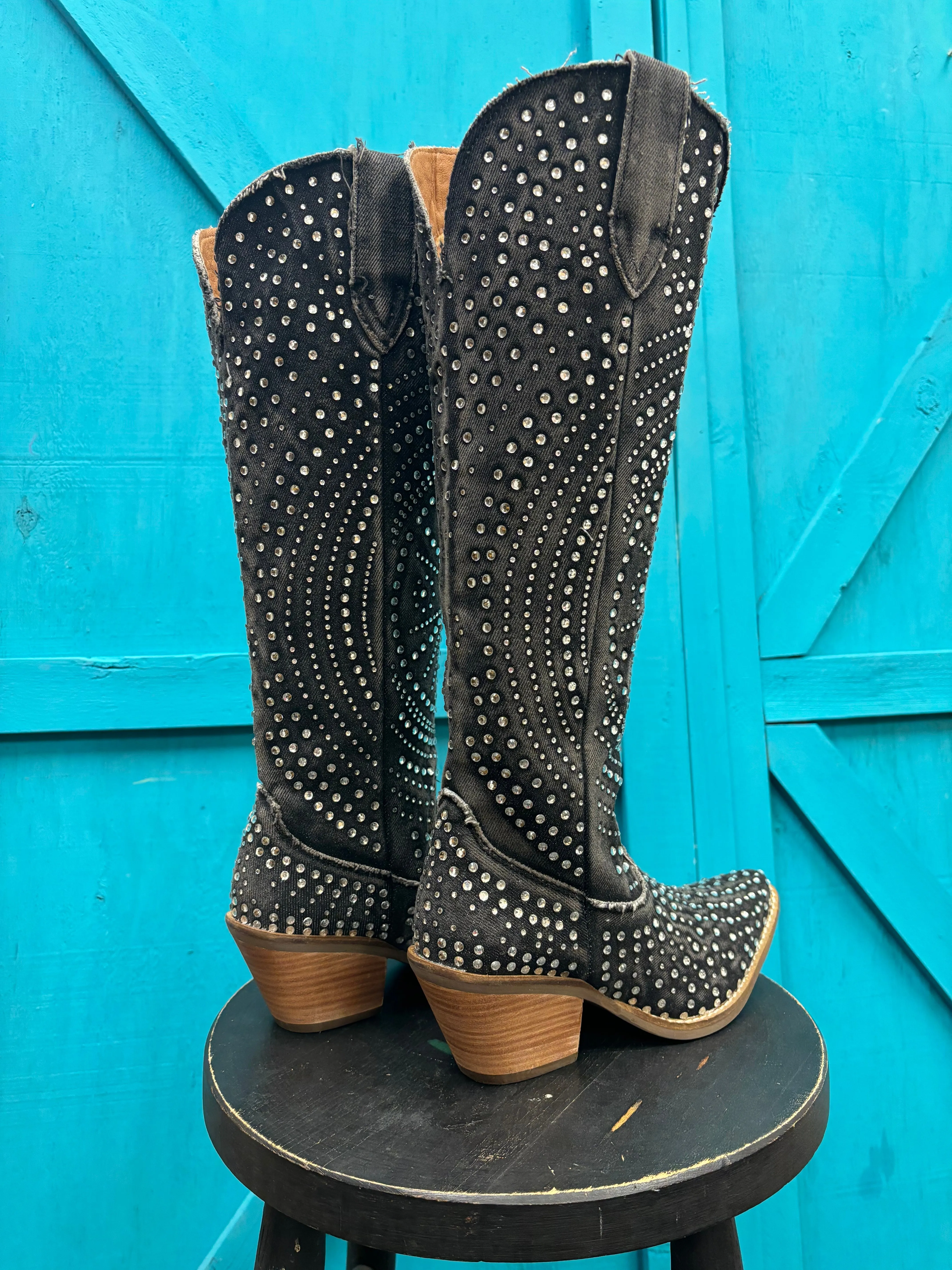 Dingo Women's Black Honkytonk Honey Denim Snip Toe Tall Cowgirl Boots DI162