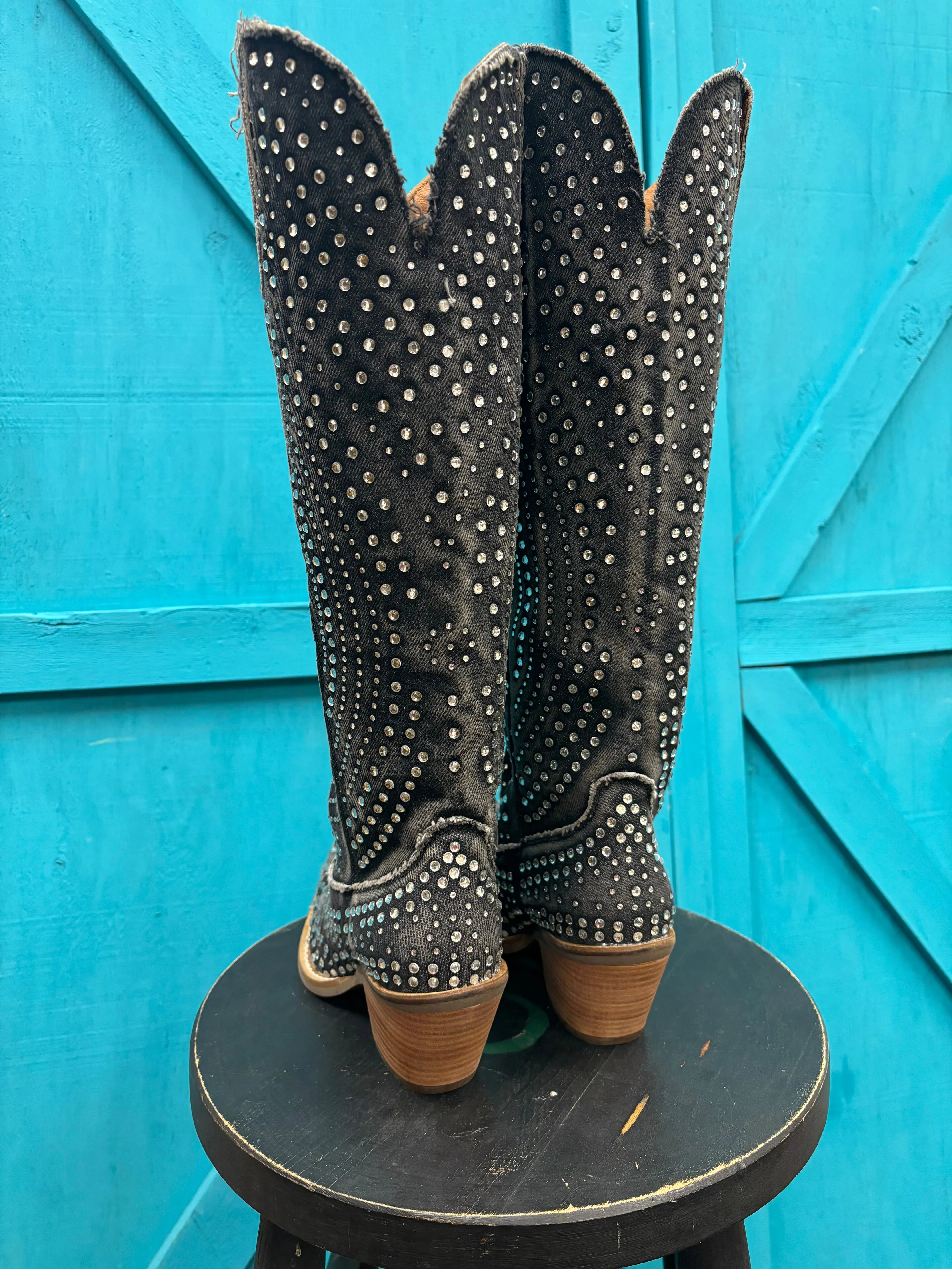 Dingo Women's Black Honkytonk Honey Denim Snip Toe Tall Cowgirl Boots DI162