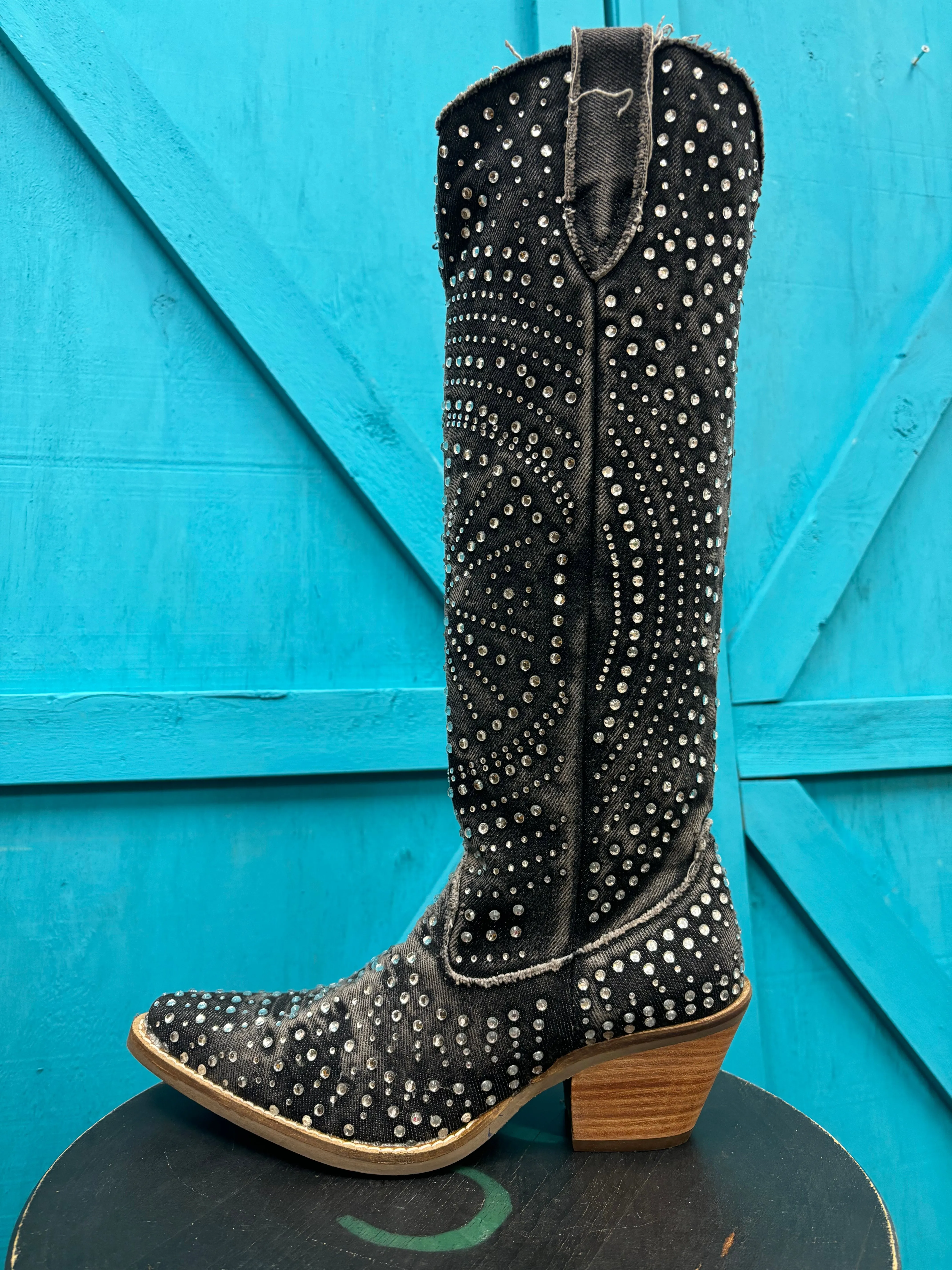 Dingo Women's Black Honkytonk Honey Denim Snip Toe Tall Cowgirl Boots DI162