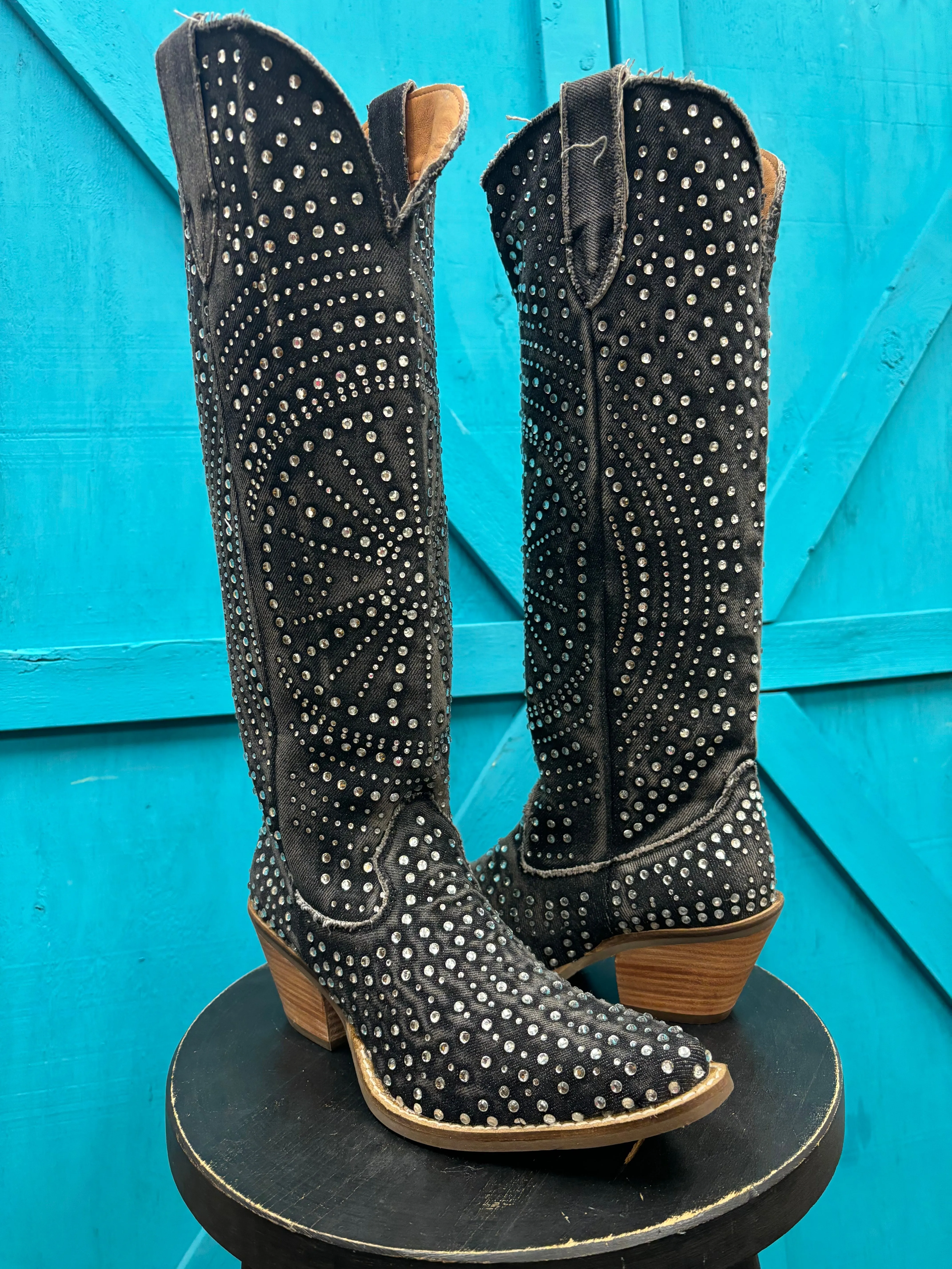 Dingo Women's Black Honkytonk Honey Denim Snip Toe Tall Cowgirl Boots DI162