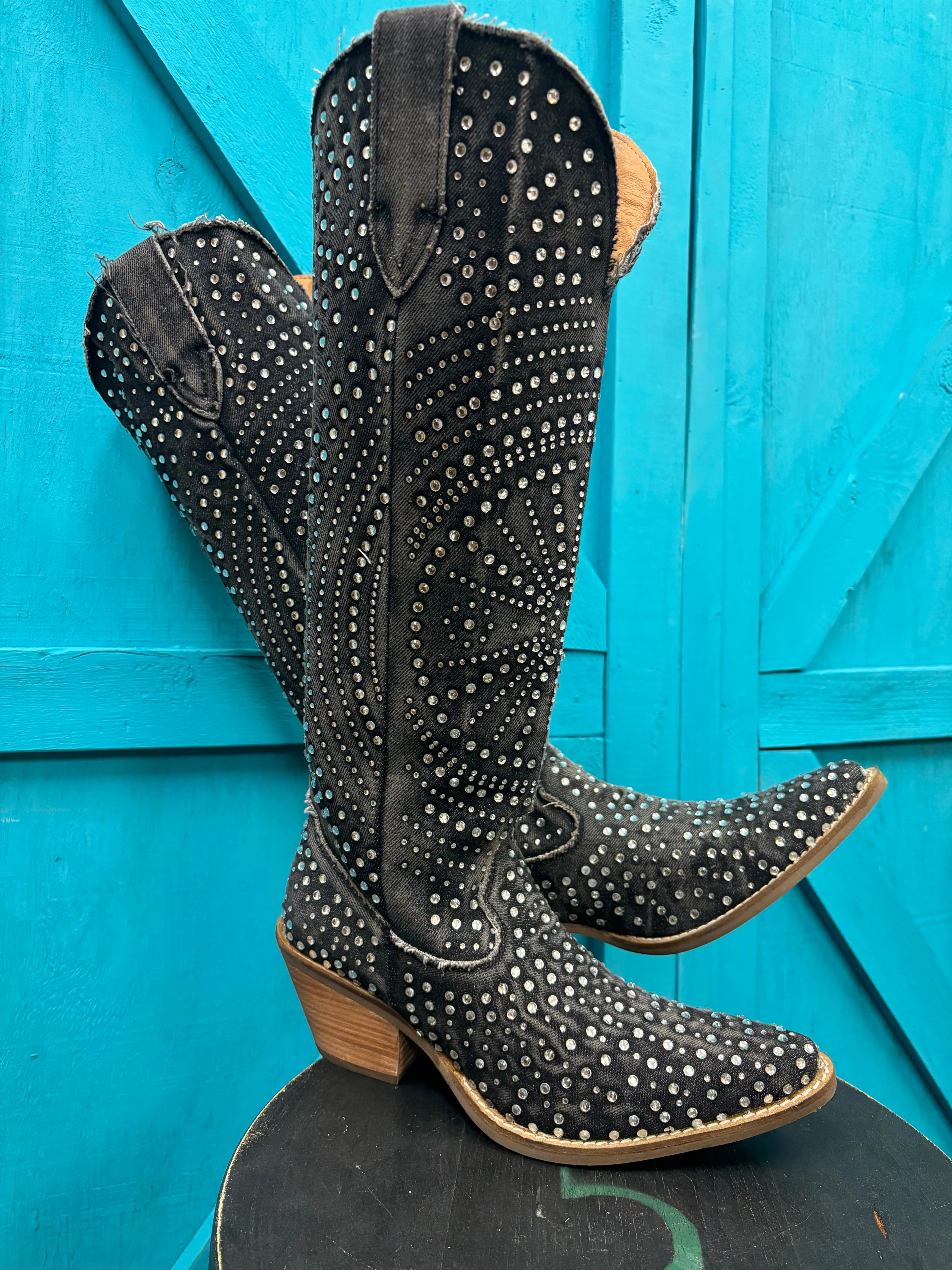 Dingo Women's Black Honkytonk Honey Denim Snip Toe Tall Cowgirl Boots DI162