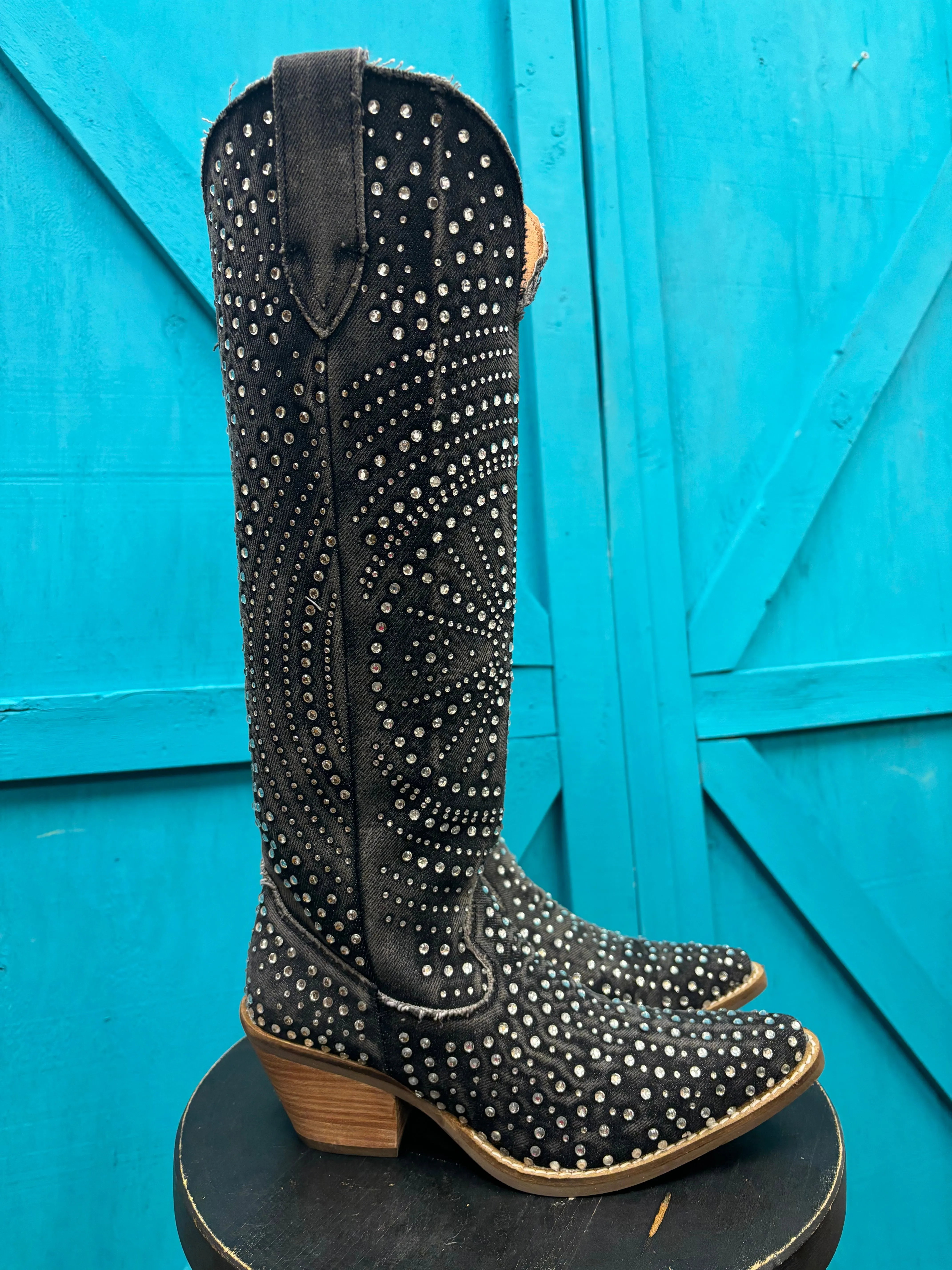 Dingo Women's Black Honkytonk Honey Denim Snip Toe Tall Cowgirl Boots DI162