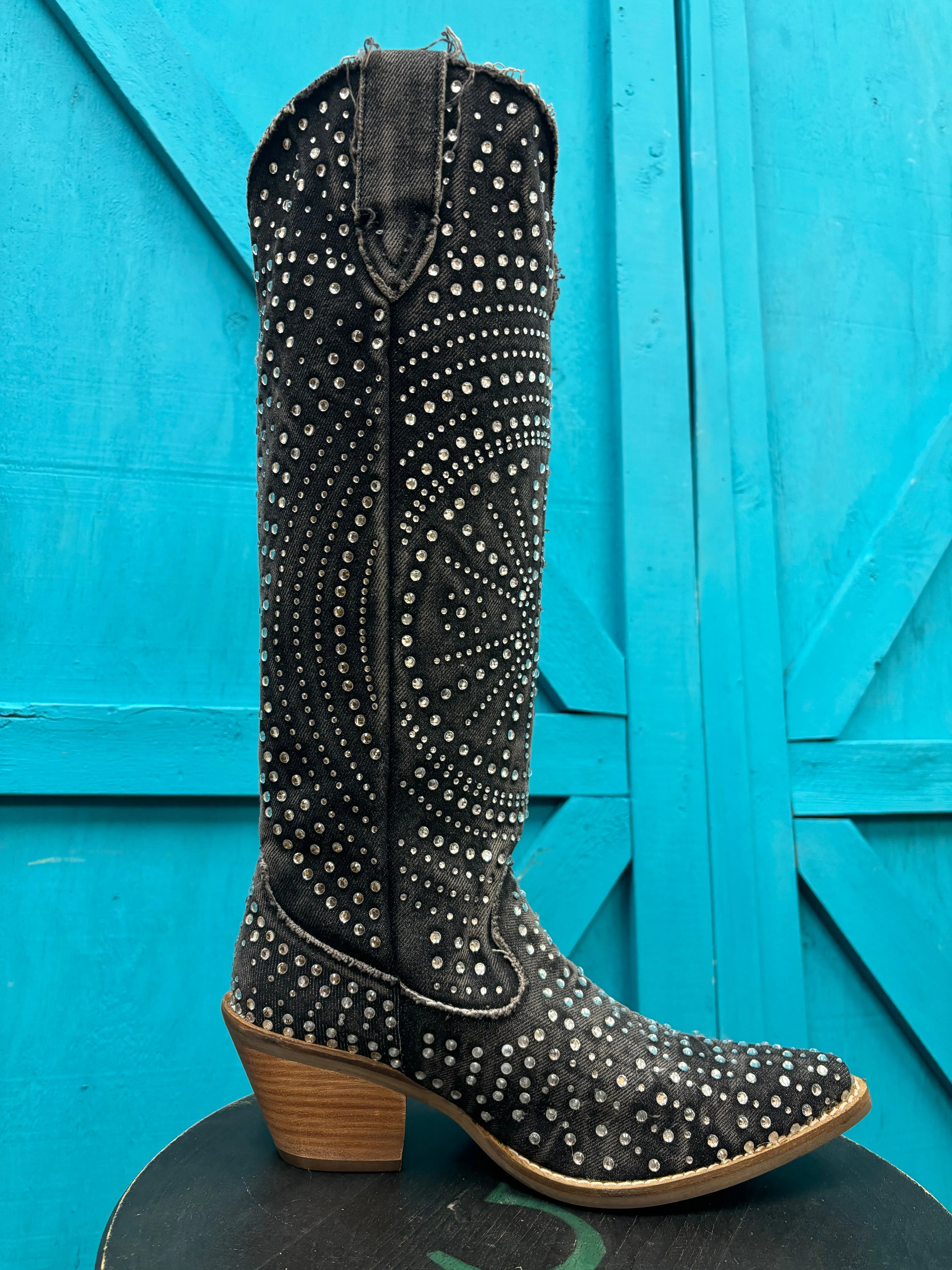 Dingo Women's Black Honkytonk Honey Denim Snip Toe Tall Cowgirl Boots DI162