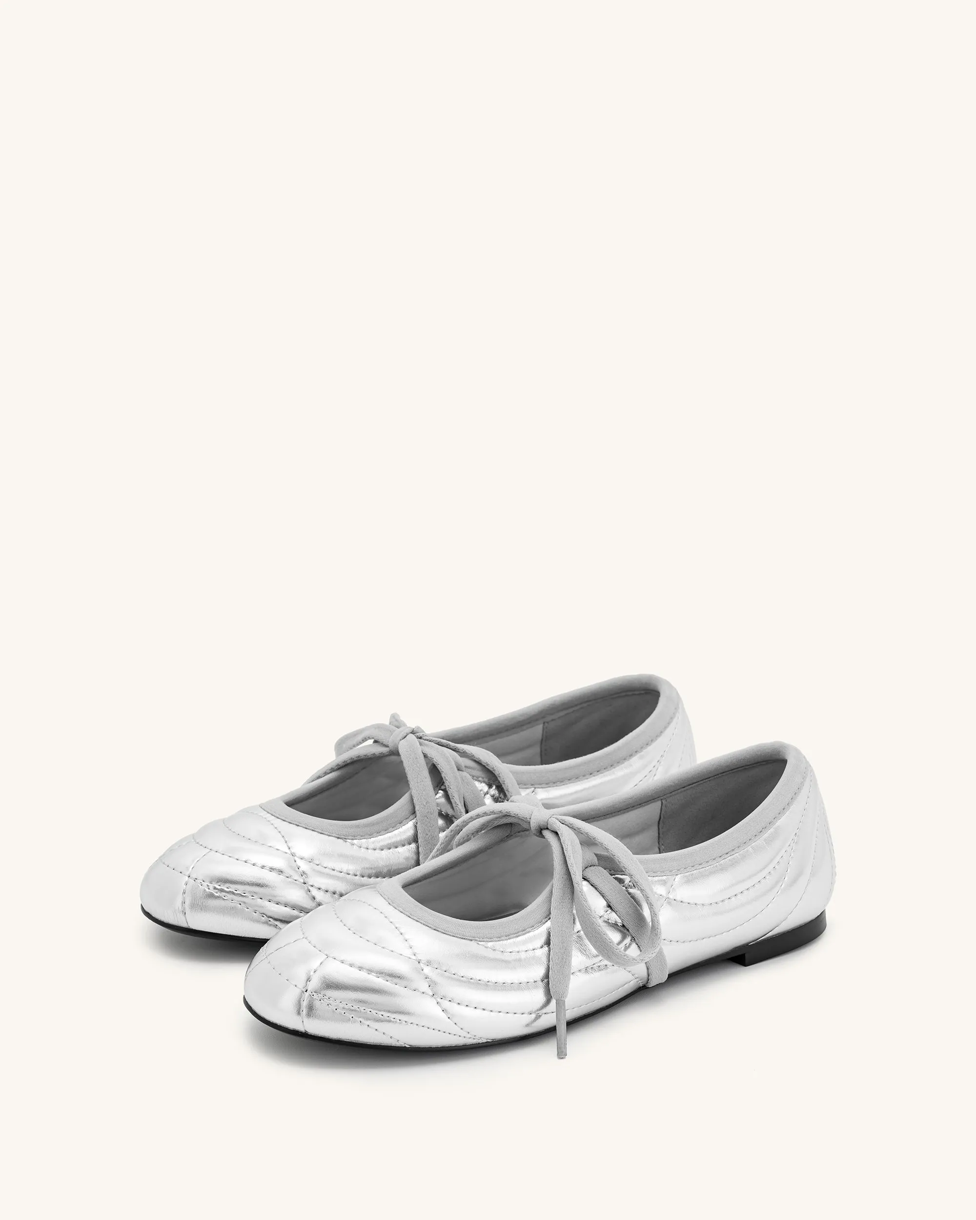 Erika Topstitching lace-up ballet Flats- Silver