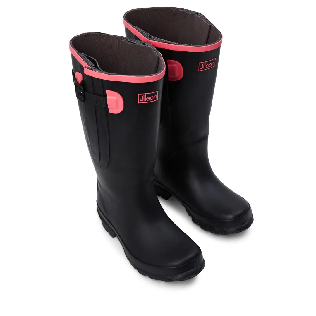 Extra Wide Calf Womens' Rain Boots - Black with Pink Trim - 16-23 Inch Calf - Wide in Foot & Ankle