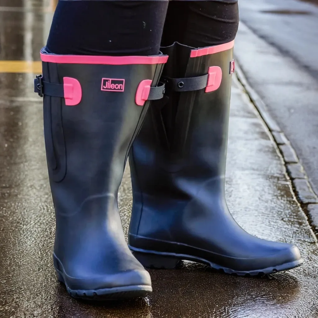 Extra Wide Calf Womens' Rain Boots - Black with Pink Trim - 16-23 Inch Calf - Wide in Foot & Ankle