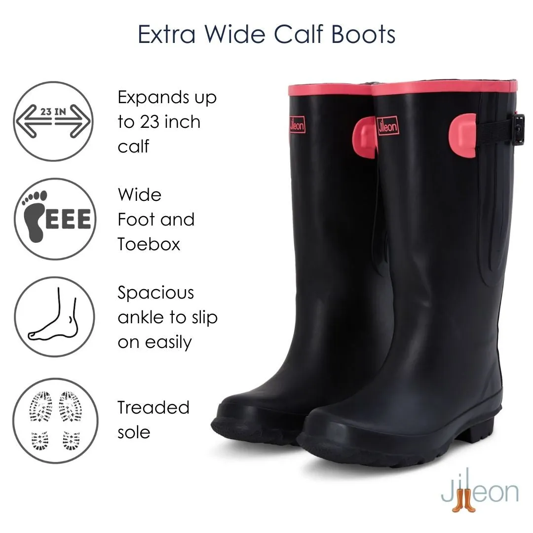Extra Wide Calf Womens' Rain Boots - Black with Pink Trim - 16-23 Inch Calf - Wide in Foot & Ankle