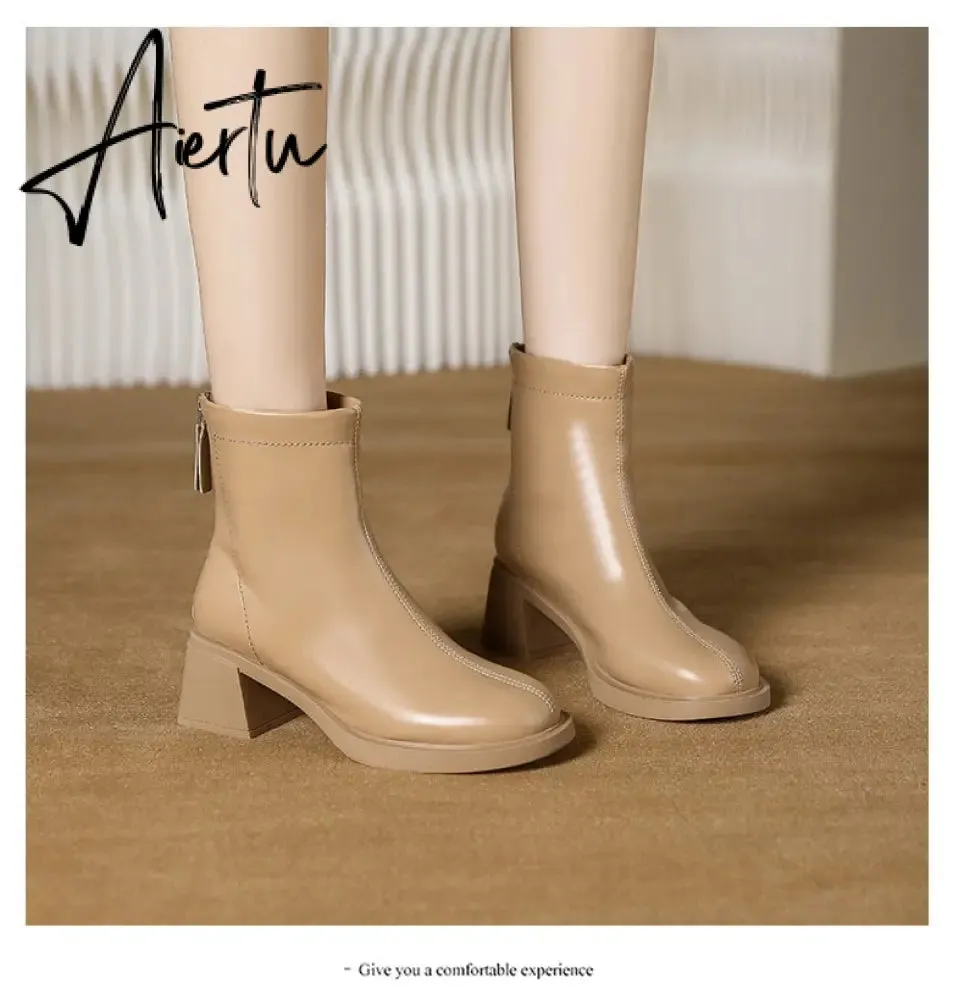 Fashion Short Boots Women's Autumn and Winter New Round Head Zipper Thick Heel Leather Boots High Heel Botines Chelsea