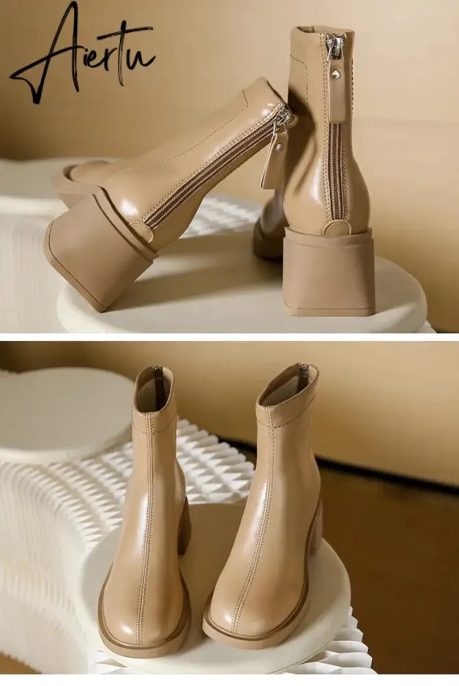 Fashion Short Boots Women's Autumn and Winter New Round Head Zipper Thick Heel Leather Boots High Heel Botines Chelsea