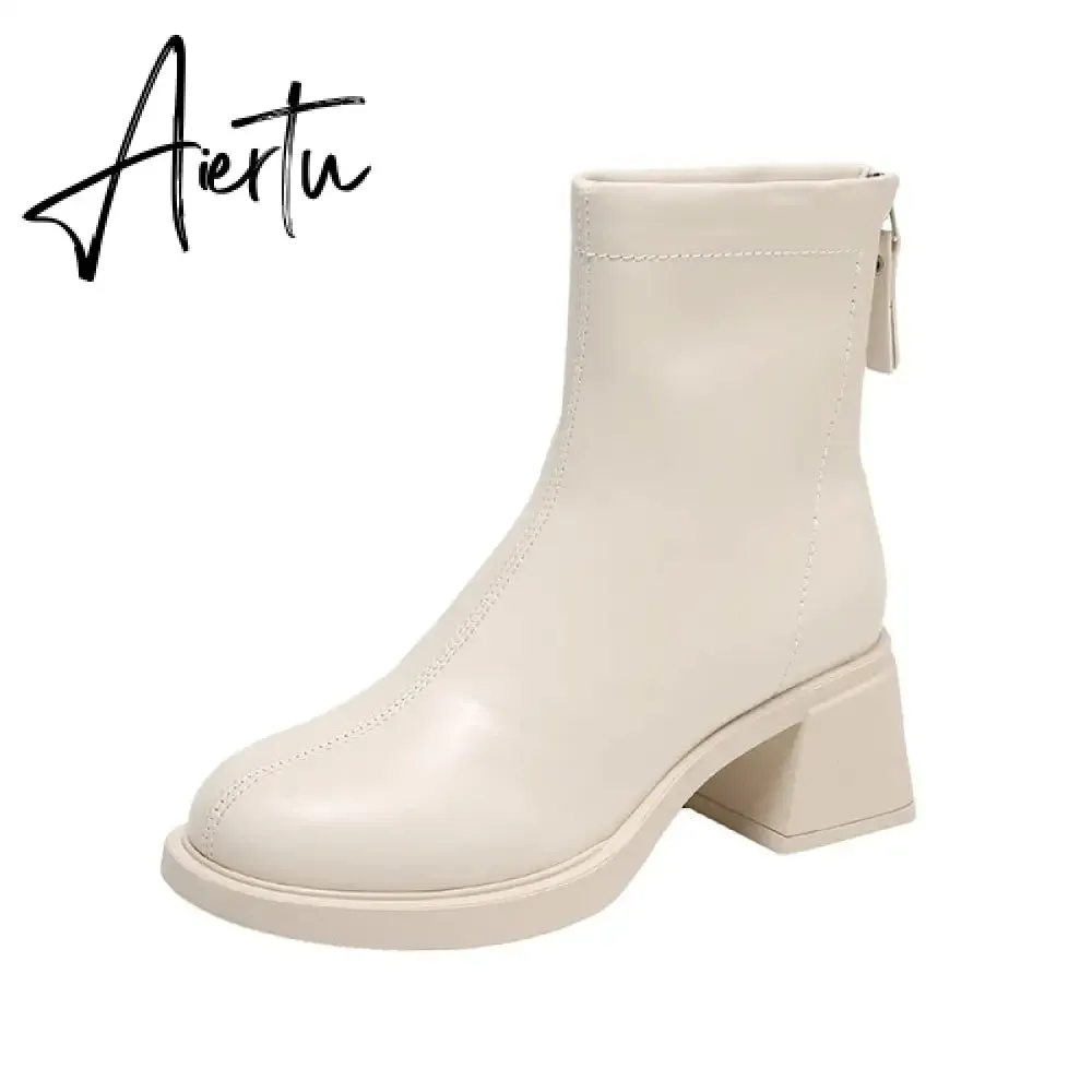 Fashion Short Boots Women's Autumn and Winter New Round Head Zipper Thick Heel Leather Boots High Heel Botines Chelsea