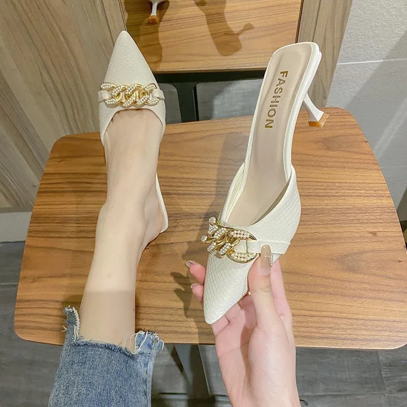 Finn Chain Pointed Toe Mule Closed Toe Sandals Women's Summer Pointed Stiletto Heel High Heels Mules Slippers