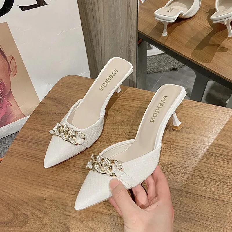 Finn Chain Pointed Toe Mule Closed Toe Sandals Women's Summer Pointed Stiletto Heel High Heels Mules Slippers