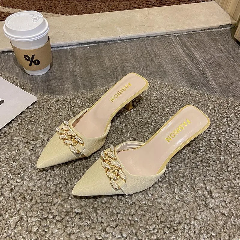Finn Chain Pointed Toe Mule Closed Toe Sandals Women's Summer Pointed Stiletto Heel High Heels Mules Slippers